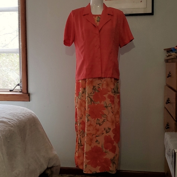 PREMIER INTERNATIONAL Peach Floral Maxi Dress w/Matching Jacket-EC-Sz L - Picture 6 of 15